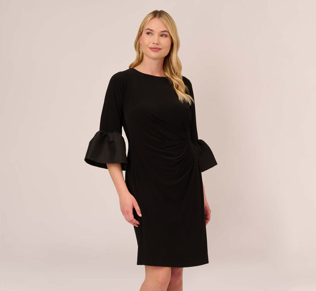 Aidan Mattox Plus Size Draped Jersey Short Sheath Dress With Bell Cuffs In Black