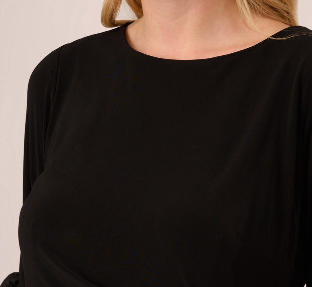 Aidan Mattox Plus Size Draped Jersey Short Sheath Dress With Bell Cuffs In Black