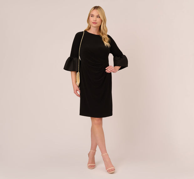 aidan mattox Plus Size Draped Jersey Short Sheath Dress With Bell Cuffs In Black