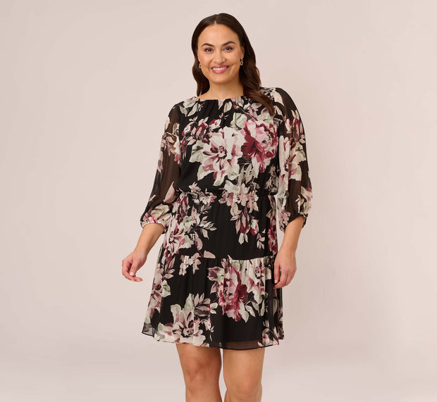 Aidan Mattox Plus Size Floral Chiffon Dress With Three Quarter Length Sleeves In Bl