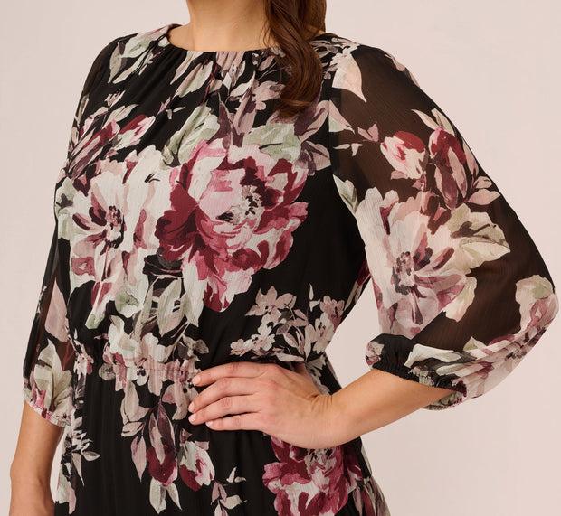 Aidan Mattox Plus Size Floral Chiffon Dress With Three Quarter Length Sleeves In Bl