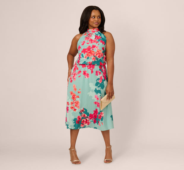 Aidan Mattox Plus Size Floral Chiffon Midi Halter Dress In Turquoise Multi