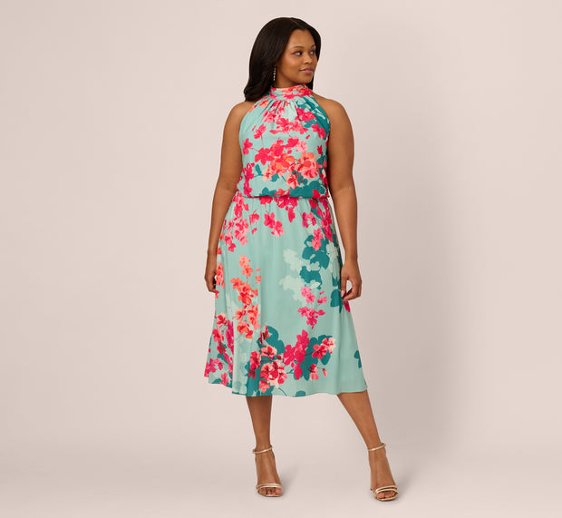 Aidan Mattox Plus Size Floral Chiffon Midi Halter Dress In Turquoise Multi