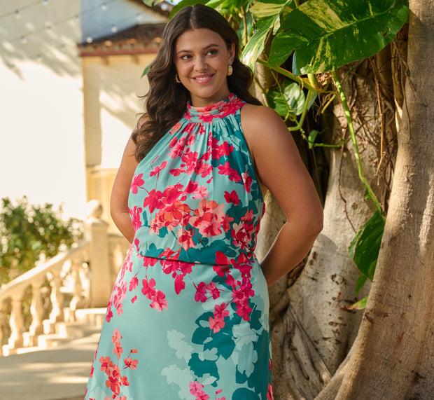 aidan mattox Plus Size Floral Chiffon Midi Halter Dress In Turquoise Multi