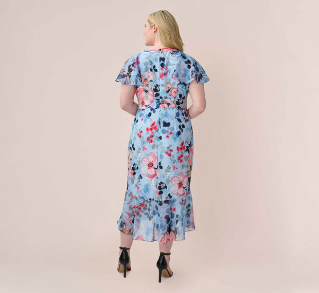 Aidan Mattox Plus Size Floral Faux Wrap Dress In Blue Multi