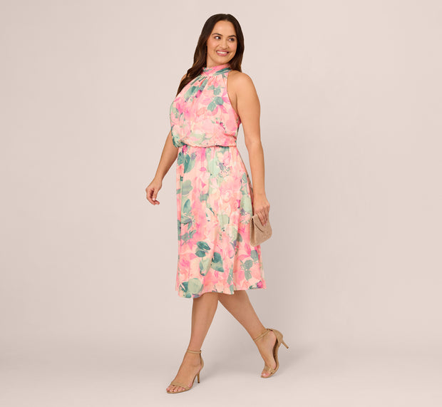 Aidan Mattox Plus Size Floral Print Chiffon Halter Dress With Mock Neck In Blush Mu