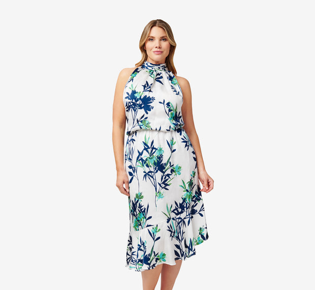 Aidan Mattox Plus Size Floral-Print Crepe Midi-Length Blouson Halter Dress In Ivory