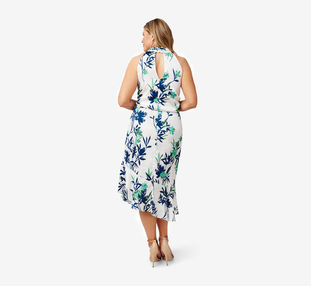 Aidan Mattox Plus Size Floral-Print Crepe Midi-Length Blouson Halter Dress In Ivory