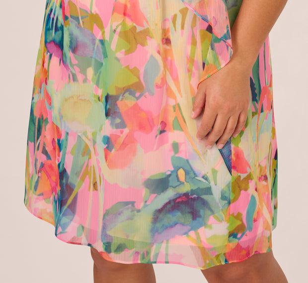 Aidan Mattox Plus Size Floral Ruffle Chiffon Halter Trapeze Dress In Pink Multi