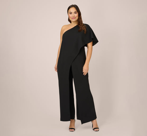 aidan mattox Plus Size Flutter One Shoulder Jumpsuit In Black