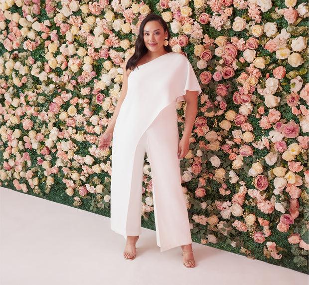 aidan mattox Plus Size Flutter One Shoulder Jumpsuit In Ivory