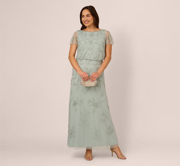 aidan mattox Plus Size Flutter Sleeve Floral Beaded Blouson Gown In Aqua Dust