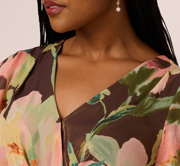 Aidan Mattox Plus Size Flutter Sleeve High Low Midi Wrap Dress In Brown Multi