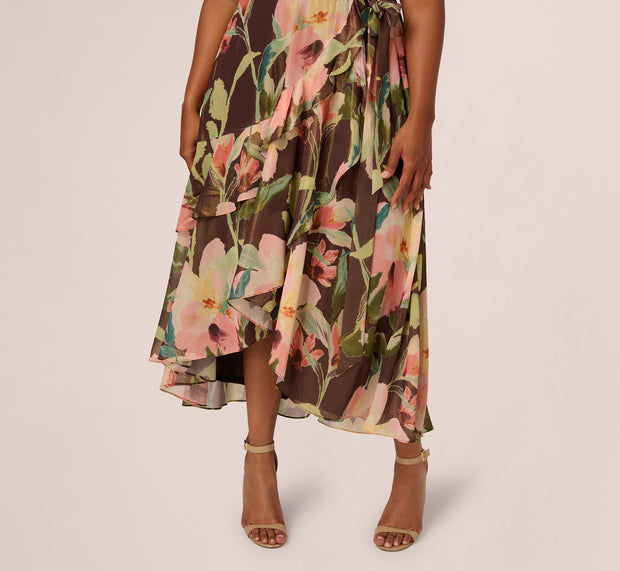 Aidan Mattox Plus Size Flutter Sleeve High Low Midi Wrap Dress In Brown Multi