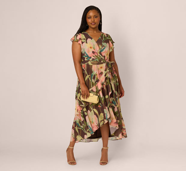 aidan mattox Plus Size Flutter Sleeve High Low Midi Wrap Dress In Brown Multi
