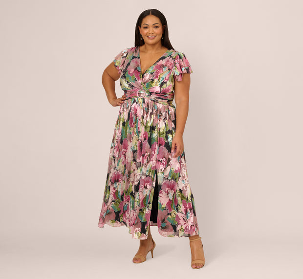 Aidan Mattox Plus Size Flutter Sleeve Metallic Floral Gown In Navy Pink Multi