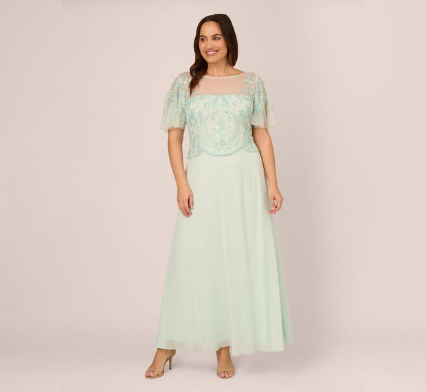 Aidan Mattox Plus Size Hand-Beaded Illusion Long Gown With Flutter Sleeves In Mint