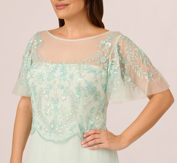 Aidan Mattox Plus Size Hand-Beaded Illusion Long Gown With Flutter Sleeves In Mint