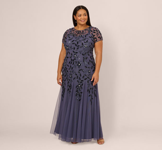 Aidan Mattox Plus Size Hand Beaded Short Sleeve Floral Godet Gown In Smoky Peri