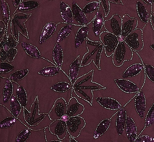 Aidan Mattox Plus Size Hand Beaded Short Sleeve Floral Godet Gown In Night Plum