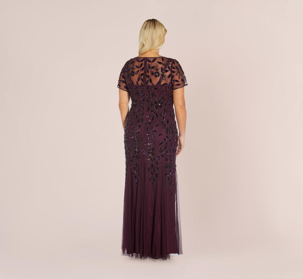Aidan Mattox Plus Size Hand Beaded Short Sleeve Floral Godet Gown In Night Plum
