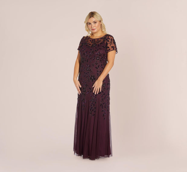 Aidan Mattox Plus Size Hand Beaded Short Sleeve Floral Godet Gown In Night Plum