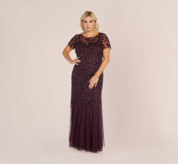aidan mattox Plus Size Hand Beaded Short Sleeve Floral Godet Gown In Night Plum