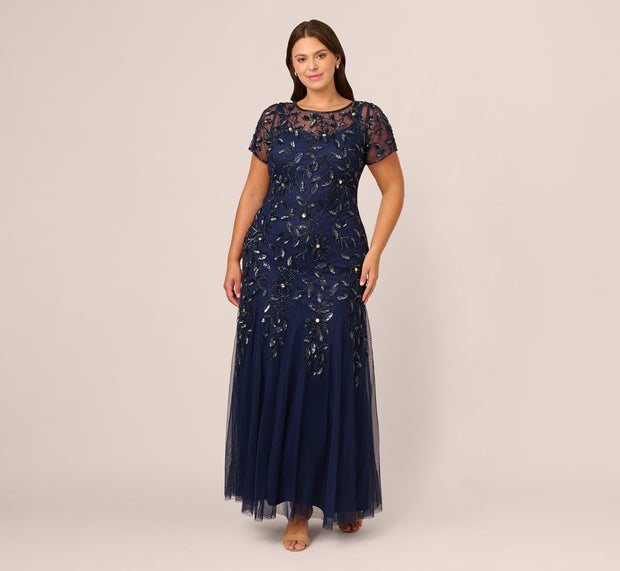 Aidan Mattox Plus Size Hand Beaded Short Sleeve Floral Godet Gown In Light Navy