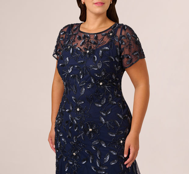 Aidan Mattox Plus Size Hand Beaded Short Sleeve Floral Godet Gown In Light Navy