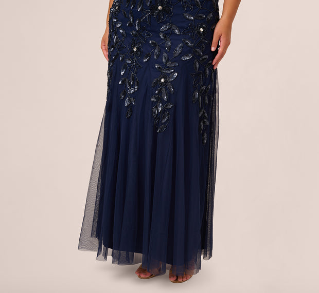 Aidan Mattox Plus Size Hand Beaded Short Sleeve Floral Godet Gown In Light Navy