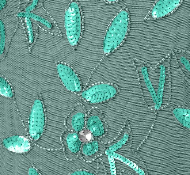 Aidan Mattox Plus Size Hand Beaded Short Sleeve Floral Godet Gown In Green Slate