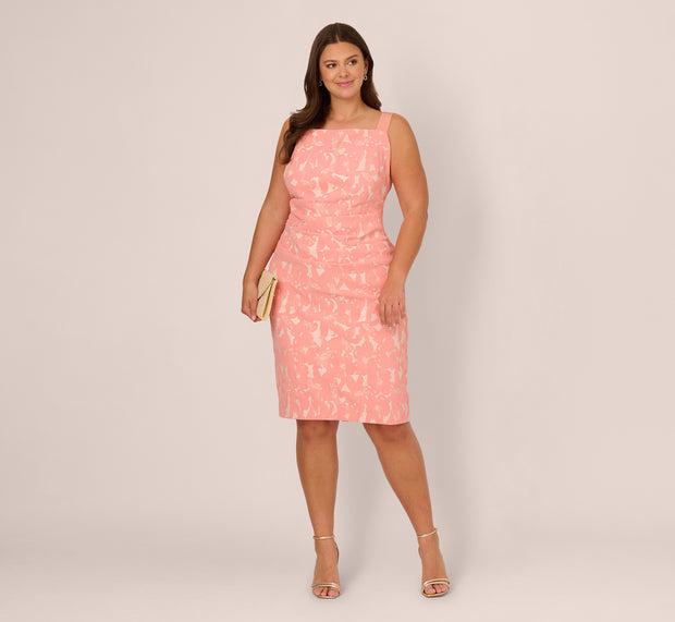aidan mattox Plus Size Hibiscus Jacquard Sheath Dress With Tucked Details In Light
