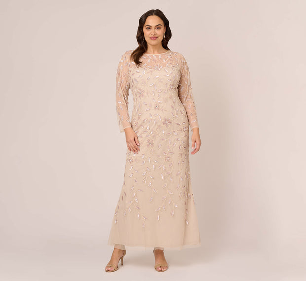 Aidan Mattox Plus Size Illusion Floral Beaded Gown With Sheer Long Sleeves In Latte