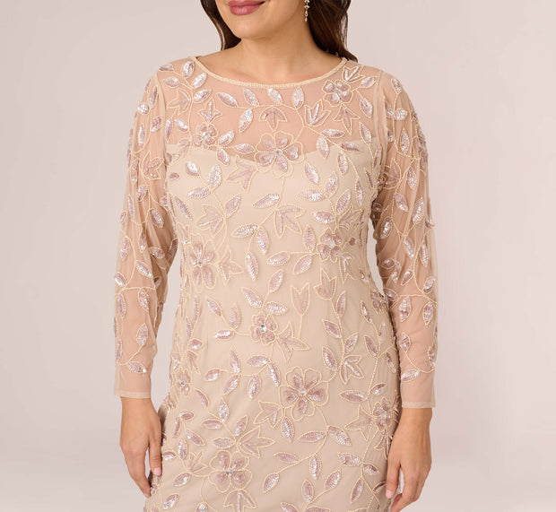 Aidan Mattox Plus Size Illusion Floral Beaded Gown With Sheer Long Sleeves In Latte