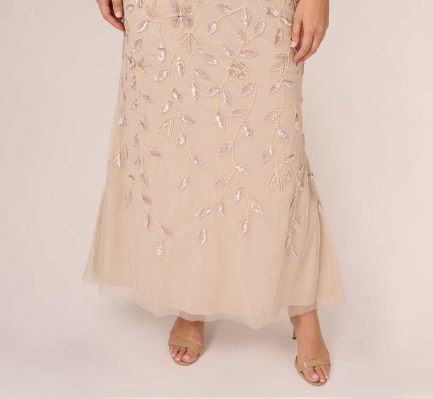 Aidan Mattox Plus Size Illusion Floral Beaded Gown With Sheer Long Sleeves In Latte