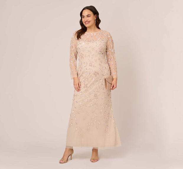 aidan mattox Plus Size Illusion Floral Beaded Gown With Sheer Long Sleeves In Latte