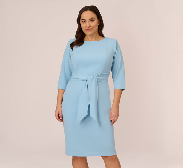 Aidan Mattox Plus Size Knit Crepe Bow Sheath Dress With Three Quarter Sleeves In Bl