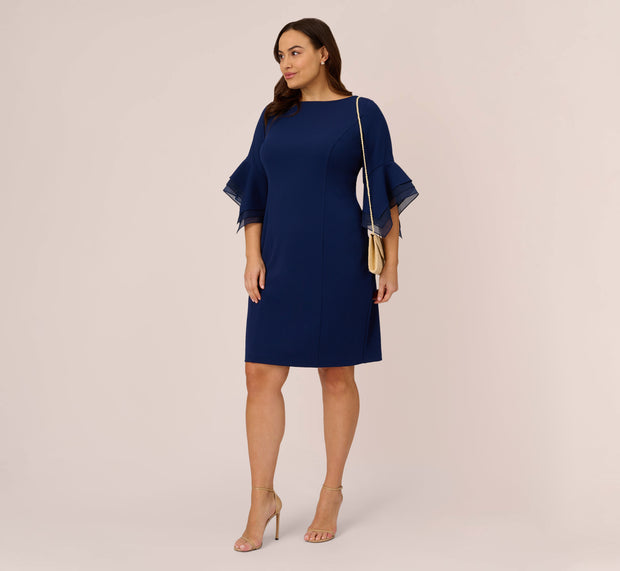 aidan mattox Plus Size Knit Crepe Sheath Dress With Tiered Three Quarter Sleeves In