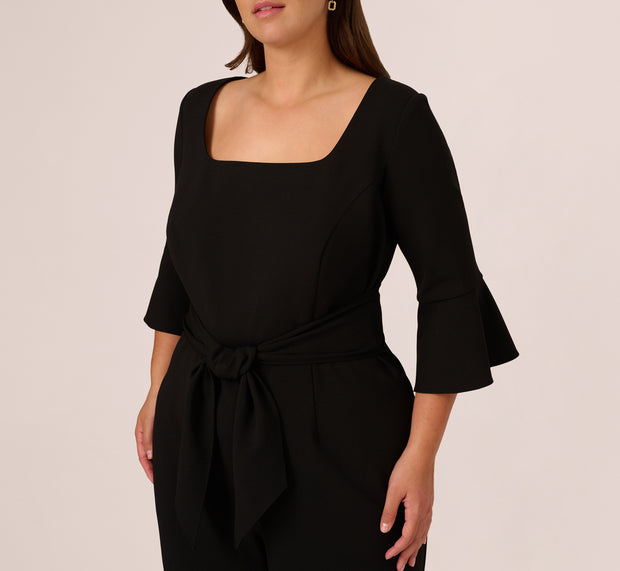 Aidan Mattox Plus Size Knit Crepe Wide Leg Jumpsuit With Bell Sleeves In Black