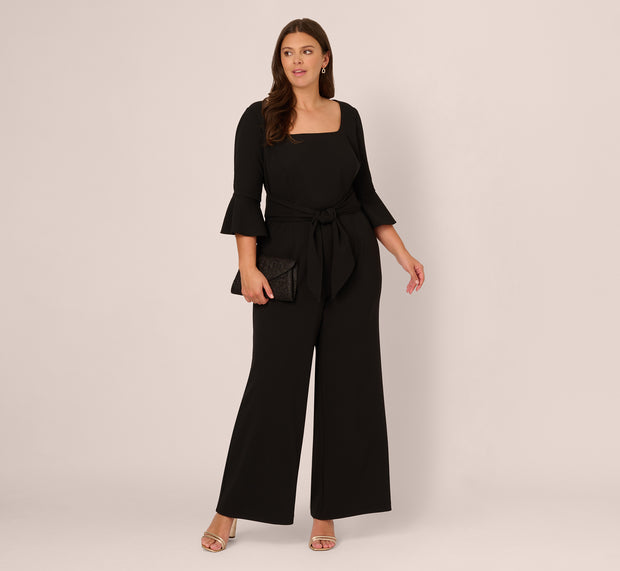 aidan mattox Plus Size Knit Crepe Wide Leg Jumpsuit With Bell Sleeves In Black