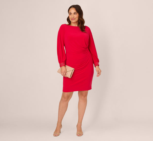 Aidan Mattox Plus Size Long Sleeve Draped Jersey Dress With Beaded Cuffs In Hot Rub