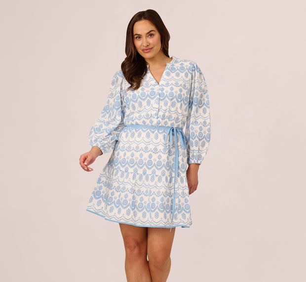 Aidan Mattox Plus Size Long Sleeve Flounce Eyelet Shirt Dress In Light Blue Ivory