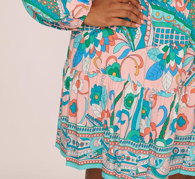 Aidan Mattox Plus Size Long Sleeve Retro Printed A Line Dress In Peach Multi