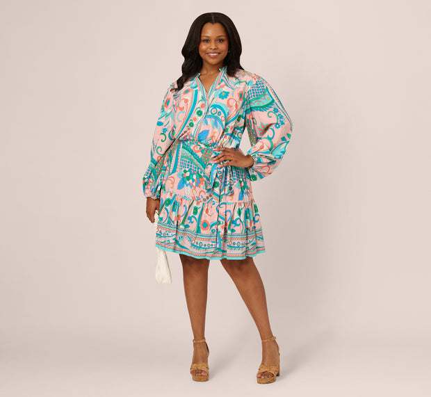 aidan mattox Plus Size Long Sleeve Retro Printed A Line Dress In Peach Multi