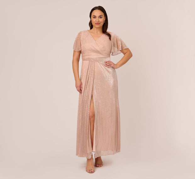 Aidan Mattox Plus Size Metallic Mesh Draped Gown In Rose Gold