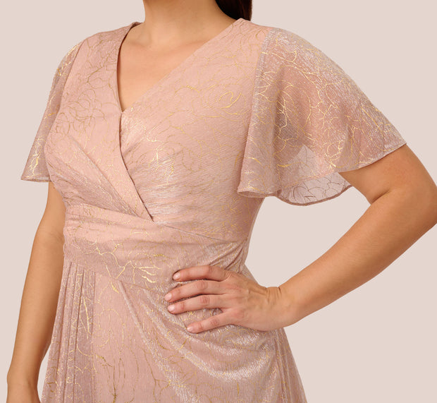 Aidan Mattox Plus Size Metallic Mesh Draped Gown In Rose Gold