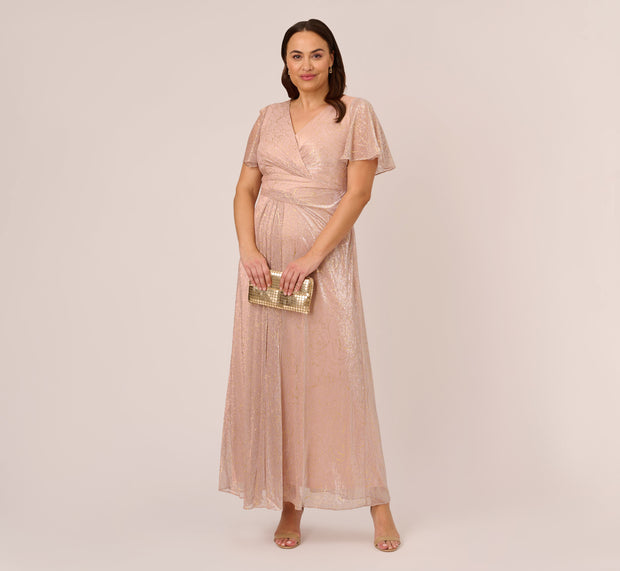 aidan mattox Plus Size Metallic Mesh Draped Gown In Rose Gold