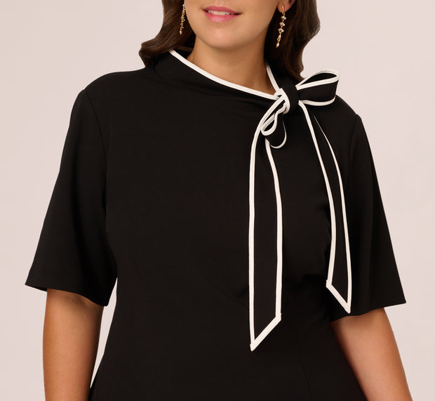 Aidan Mattox Plus Size Mock Neck Dress With Contrasting Bowtie In Black Ivory