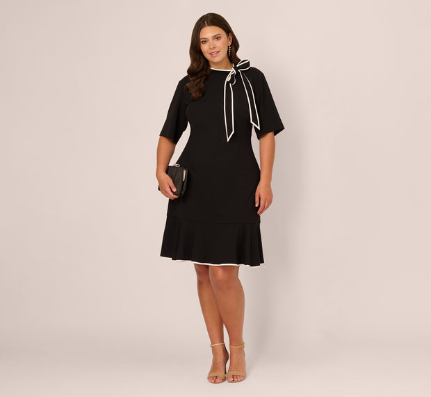 aidan mattox Plus Size Mock Neck Dress With Contrasting Bowtie In Black Ivory