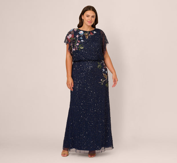 Aidan Mattox Plus Size Multicolor Floral Beaded Mermaid Gown With Dolman Sleeves In